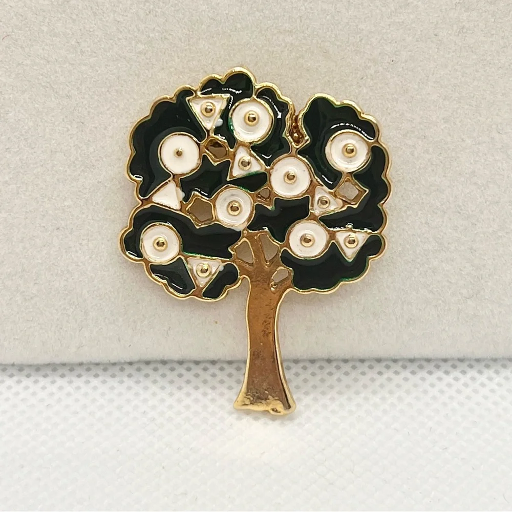 Cute Vintage‎ Gold Tone Green White Enamel Tree Brooch Pin